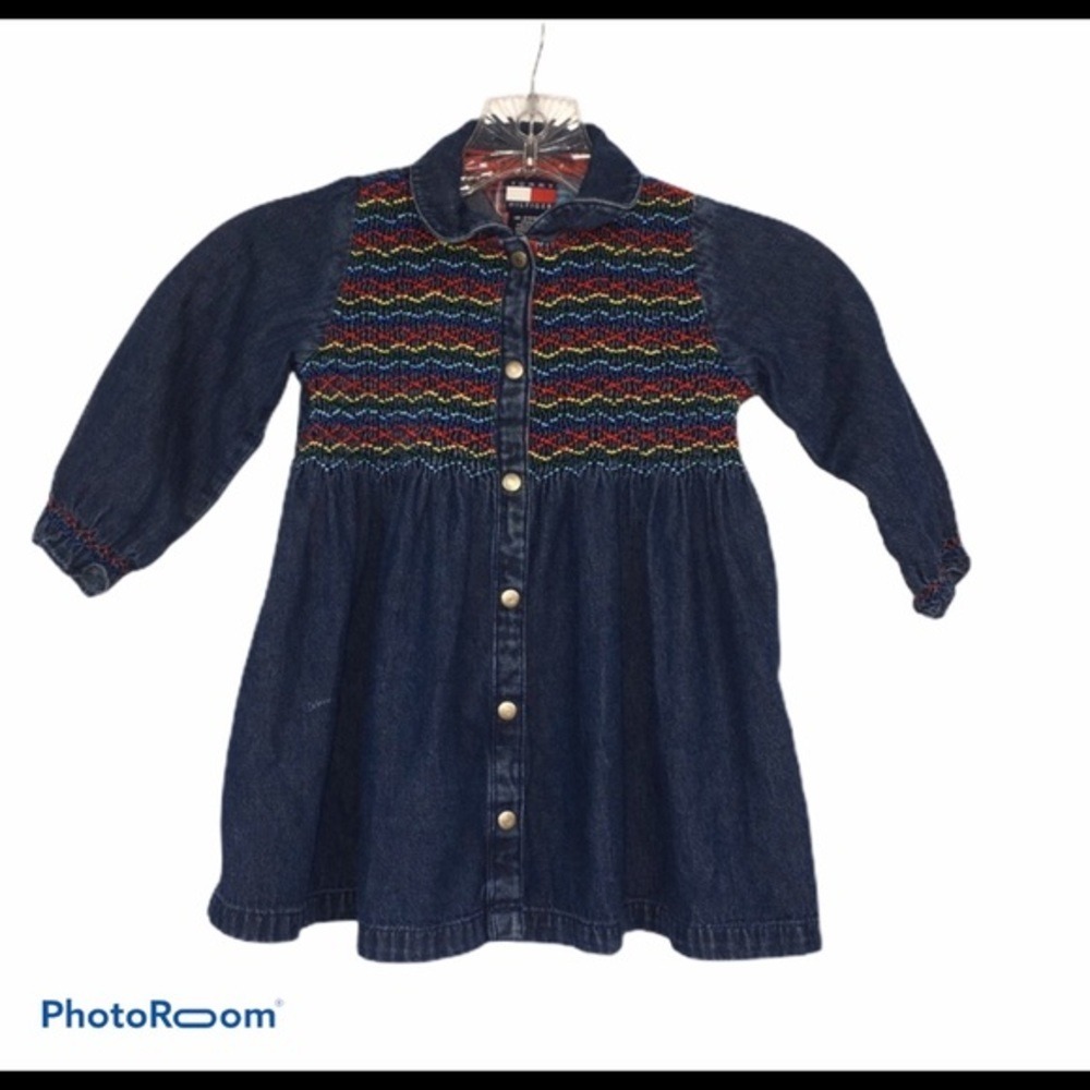 Vintage Tommy Hilfiger Denim Smocked Dress 18-24 Months Rainbow‎ Yoke